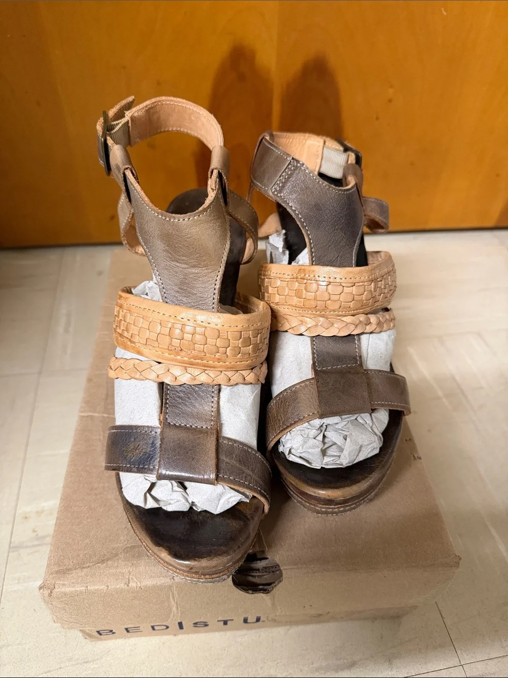 BED|STU Brown and Tan Leather Braided Wedge Sandals